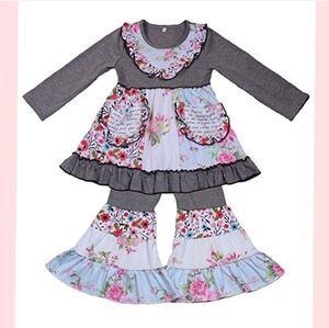 🐑 NWOT Little Girl's Floral Ruffle Party Outfit Gray Blue . Size 6-7 yrs.